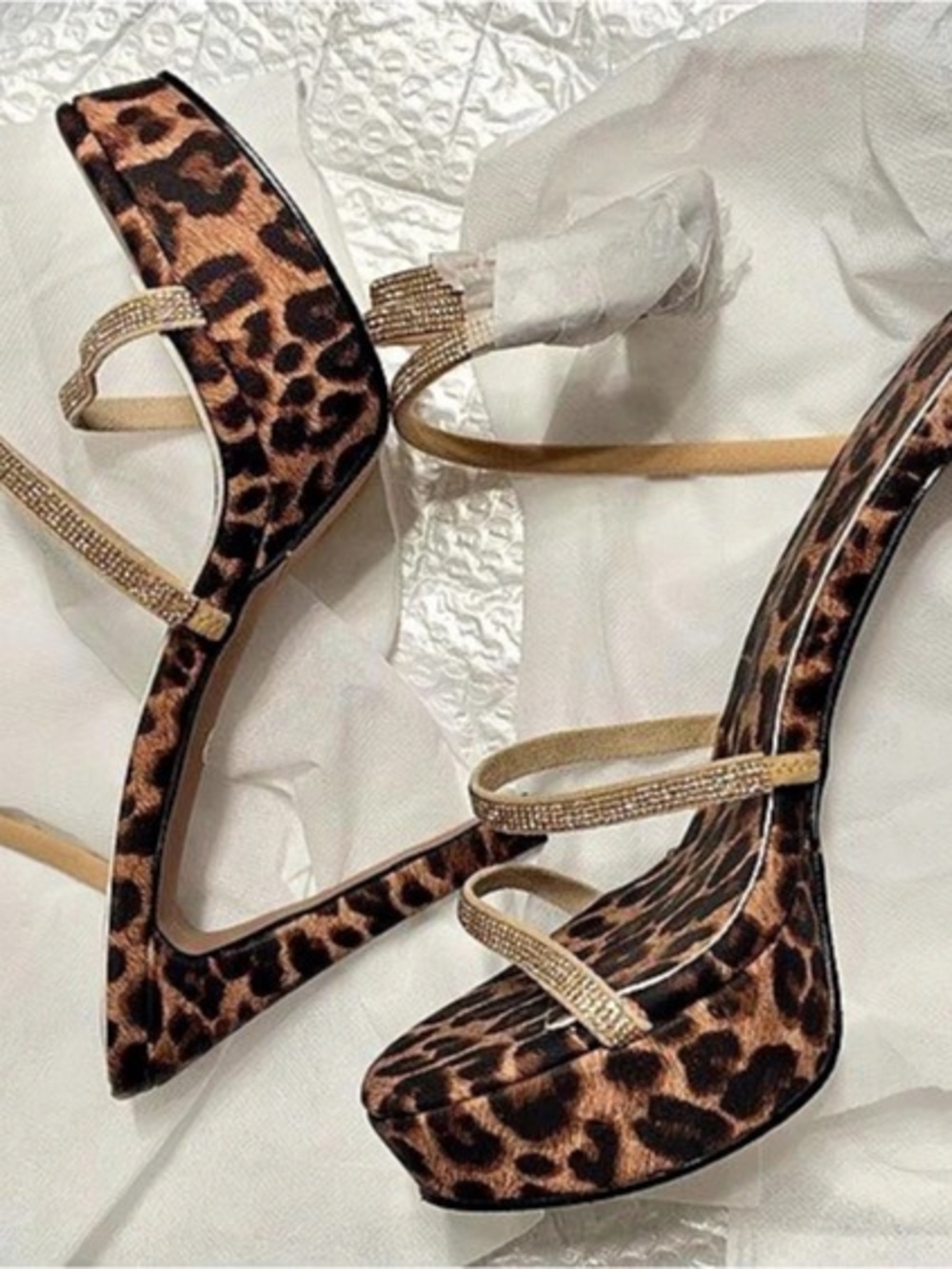 Leopard Print Rhinestone ankle strap platform Heels
